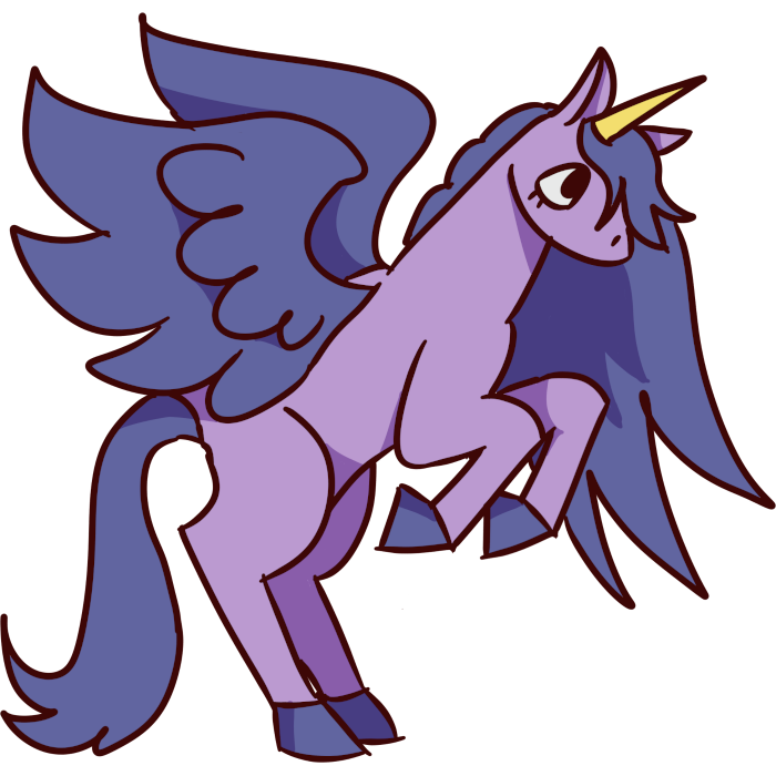 a lavender alicorn with a violet tail wings and mane and a yellow horn. it is rearing up on it s hind legs